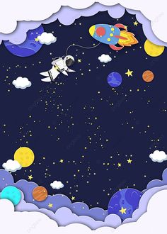 an astronaut is flying through the sky with his rocket and planets around him, illustration, paper art, space png and psd