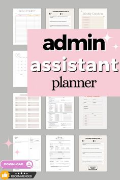 the admin assistant planner is shown in pink and white with black lettering on it