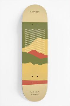 a skateboard with the words green wood printed on it's bottom and sides