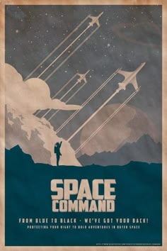 the poster for science fiction film, featuring an astronaut and space shuttles flying over mountains