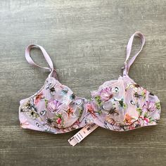 Brand New With Tags Never Worn Size: 34 B Unlined Adjustable Straps Small Bows On The Straps Pink Sheer Bra For Spring, Sheer Pink Bra For Spring, Spring Sheer Pink Bra, Spring Sheer Fitted Bra, Feminine Floral Print Underwire Bra, Victoria's Secret Fitted Floral Print Bra, Summer Full Cup Pink Bra, Beautiful Bras, Beautiful Bra