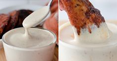 bacon being dipped into a bowl with ranch dressing in the middle and on the other side