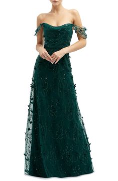 Dessy Collection 3D Embroidered Off the Shoulder Gown | Nordstrom Midi Gowns, Dessy Collection, Organza Gowns, Alfred Sung, One Shoulder Gown, Satin Gown, Chiffon Gown, Dress The Population, Chiffon Long Sleeve