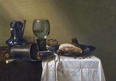 a painting of food on a table with a wine glass and other items around it