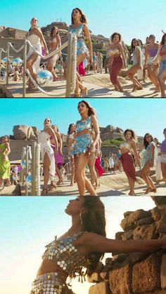 two pictures of women in bathing suits on the beach, one is dancing and the other has