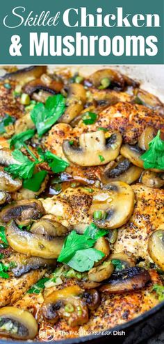 chicken and mushrooms in a skillet with herbs