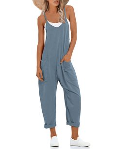 PRICES MAY VARY. Stretchy material, super soft and comfy, lightweight not see through Adjustable spaghetti straps summer jumpsuit, wide leg long harem pants overalls with two big side pockets Effortless and oversized fit, deep v neck, dropped crotch, solid color, lounge sleeveless overalls, black baggy one piece jumpsuits for women This 2024 spring summer fashion sleeveless jumpsuit is perfect for matching with t-shirts, tank tops, crop tops and sandals, heels, beach hats, and your favorite neck Baggy Jumpsuits For Women, Baggy Summer Fits Women, Womens Romper Outfit, Jumpsuits For Women Classy Casual, Loose Jumpsuit Outfit, Summer Clothing Women, Beach Overalls, Women Jumpsuit Outfits, 2024 Spring Summer Fashion