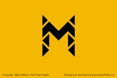 the letter m is made up of two black triangles on a yellow background with text below it