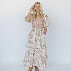 Nwot! No Damage! Cotton Dress With Lace Smock Detailed Skirt. Puff Sleeves. Smock Top. Size Small Pink Floral Midi Dress, Long Sleeve Smock Dress, Dress Puff Sleeve, Burgundy Midi Dress, Long Sleeve Tunic Dress, Garden Party Dress, Square Neck Dress, Smock Top, Tiered Midi Dress