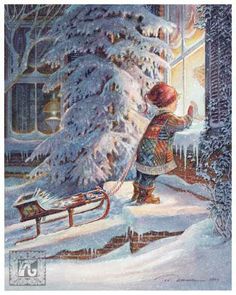 a painting of a child standing in front of a snow covered tree and sled