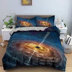 an image of a bed with two black holes in the sky and stars on it