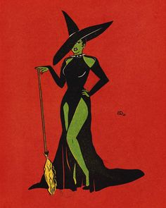 a drawing of a woman in a witch costume holding a broom