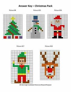 four cross stitch christmas pictures, each with different characters