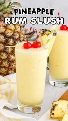 This Pineapple Coconut Rum Slush is the perfect hot summer day cocktail! Made it minutes with just three ingredients, these easy fruity cocktails will be a big hit at pool parties or any gathering with a tropical vibe. Pineapple Rum Slush, Easy Fruity Cocktails, Rum Drinks Recipes, Alcoholic Punch Recipes, Summer Drinks Alcohol, Cocktail Drinks Alcoholic, Pineapple Drinks, Pineapple Rum, Mixed Drinks Alcohol