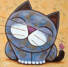 a painting of a blue cat with its eyes closed