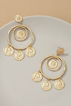 Double Hoop Drop Coin Charm Earrings: Double hoop drop earrings with multiple coins dangling. Made of alloy and iron. Earrings have a post back to keep them safe and secure.Size: 2.0" x 3.25" Gold Coin Earrings, Hoop Drop Earrings, Earrings Double, Coin Earrings, Gold Coins, Charm Earrings, Alex And Ani Charm Bracelet, Ring Earrings, Apparel Accessories