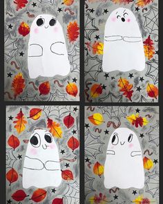 four pictures of ghost faces with leaves and stars on the background, one is made out of paper