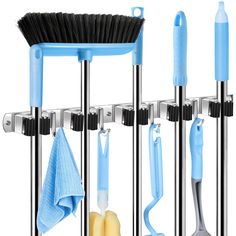 a blue and black rack with cleaning supplies on it