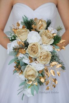 a bridal holding a bouquet of white and gold flowers