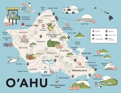 an illustrated map of o'ahu, hawaii with all the attractions and places to see