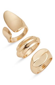 A set of three organically shaped rings lets you play up your ring stack. 1/2" band width 1; 3/8" band width 2; 1" band width 3 Goldtone plate Imported Bali Ideas, Rings In Gold, Open Rings, Ring Stack, Jewelry Lookbook, Open Ring, Gold Band, Stacking Rings, Metal Rings