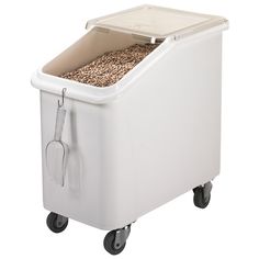 a large white cooler with wheels and a bin full of bird food on the top