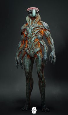 an alien creature standing in front of a dark background