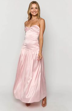 Light Pink Floor Length Dress, Simple Ball Dresses, Light Pink Formal Dress Long, Drop Waist Maxi Dress, Formal Dresses Sorority, Pink Dress Bridesmaid, Simple Satin Dress, Light Pink Formal Dress, Bridesmaid Dresses Unique