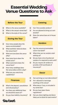 a checklist with the words essential wedding venue questions to ask