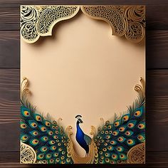 a peacock is standing in front of an ornate frame on a wooden background with intricate patterns