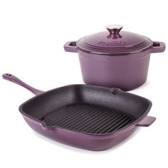 a purple cast iron skillet and pan