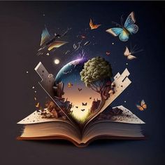 an open book with butterflies flying around it and the pages are opened to reveal a landscape