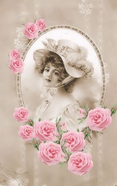 an old fashion photo with pink roses in the foreground and a woman's hat on top