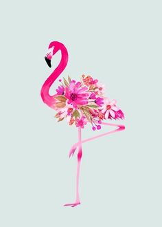 a pink flamingo with flowers in its beak