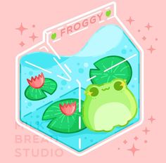 a frog in a pond with water lilies and stars around it, on a pink background