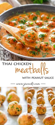 chicken meatballs with peanut sauce in a pan and on a baking sheet, ready to be eaten