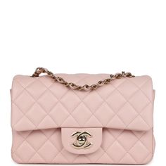 This Chanel Mini Rectangular Classic flap bag is of Light Pink lambskin leather with gold tone hardware and has a front flap with signature CC turnlock closure, rear half moon pocket, as well as a single interwoven Light Pink leather and gold tone chain link shoulder/crossbody strap.The interior is lined in Light Pink lambskin leather and features a zipper pocket with Chanel pull and an open pocket below.Collection: 23SOrigin: ItalyCondition: New and never worn (plastic on hardware)Accompanied b Chanel Mini Rectangular, Chanel Classic Flap Bag, Chanel Box, Classic Flap Bag, Chanel Mini, Pink Chanel, Bag Light, Purple Leather, Sierra Leone