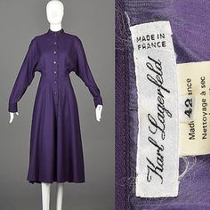 "Details: This is a gorgeous dress by Karl Lagerfeld. The textile is very soft wool twill, year round weight. Color is a rich eggplant purple. Long, dolman sleeves, loose fitting bodice, princess waist and a full skirt. Logo buttons from collar to hem. The shoulders and sleeves are meant to be a bit loose fitting, there is a button cuff to keep the sleeve from falling over your hand. Elegant, feminine style is comfortable and conservative. There is one small flaw, please see image above. Underne Karl Lagerfeld Dress, Purple Ruffle Dress, 1940s Fashion Dresses, Vintage 80s Dress, Midi Dress Long Sleeve, Vintage Dress Design, Vintage Dress 80s, Velvet Cocktail Dress, Purple Floral Dress