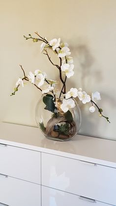 a vase filled with white flowers sitting on top of a dresser next to a wall