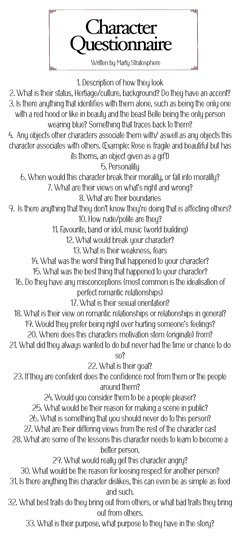 A series of Thought Proving Questions that help you to understand your characters. Character Questionnaire Writing, Dnd Questions, Oc Questionnaire, Questions For Character Development, Oc Character Questions, Character Questions Writing, Questions To Develop A Character, Questions To Ask Your Character