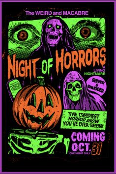 the poster for night of horrors, featuring two pumpkins and a skeleton with long hair