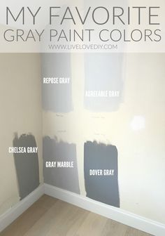 some gray paint colors in a room with white walls and wood flooring that says, my favorite gray paint colors