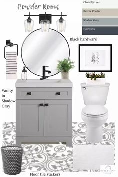 a bathroom with gray and white decor, including a mirror, sink, toilet, and rug