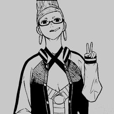 a drawing of a woman wearing glasses and holding up the peace sign with her hand