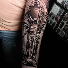 St Micheal Arch Angel Tattoo, Born And Raised Tattoo, Archangel Michael Tattoo For Men, St Gabriel Archangel Tattoo, Saint Michael Tattoo Sleeve, Catholic Tattoos Sleeve, Arc Angel Michael Tattoo, Saint Michael Tattoo Design, Michael The Archangel Tattoo