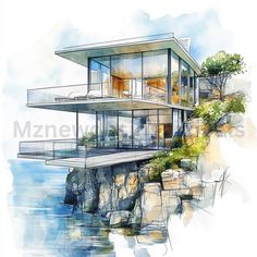 a watercolor painting of a house on the edge of a cliff