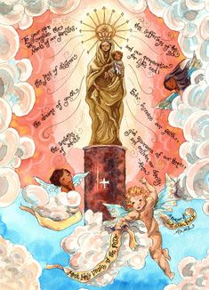 an image of the virgin mary surrounded by angels and clouds with words written on it