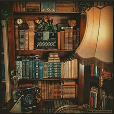 an old fashioned telephone sitting on top of a book shelf