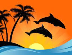 two dolphins jumping out of the water in front of palm trees and an orange sky