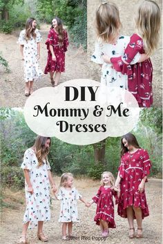 the mommy and me dresses pattern is shown in three different styles, including one with flowers on